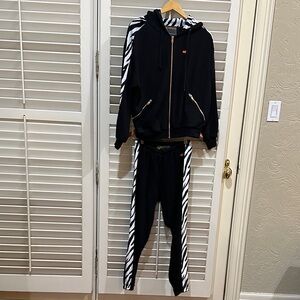 Aviator Nation Black Sweatsuit With Zebra Print on Sides. Size Small